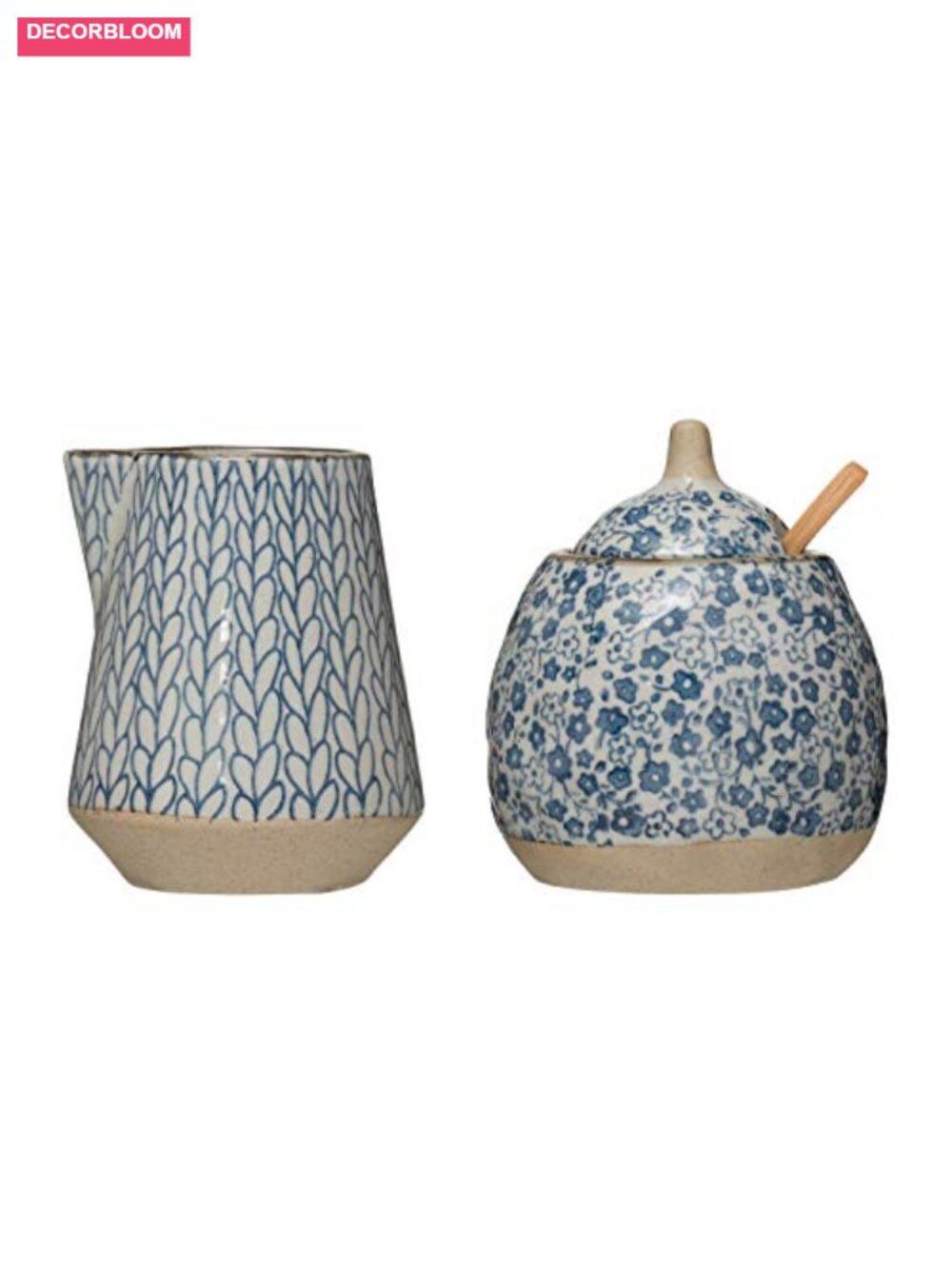 Hand-Painted Stoneware Sugar & Creamer Set with Lid and Wood Spoon - Picture 3 of 6